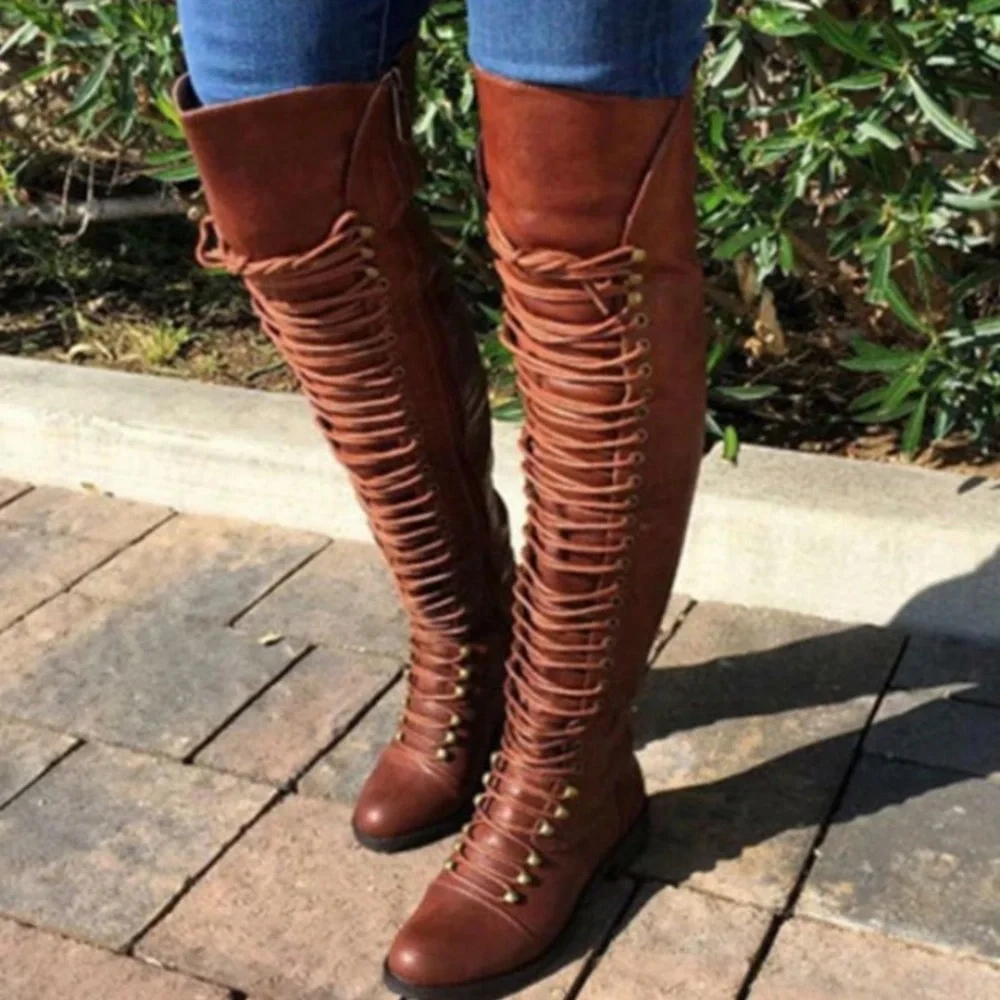 Brown Lace-Up Knee-High Boots